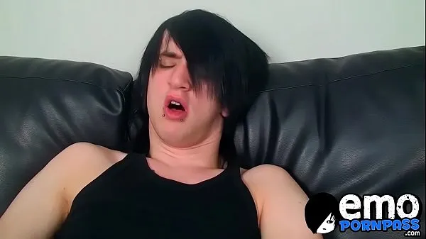 Young emo twink strokes his big uncut dick and cums solo